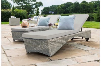 Maze Rattan Oxford Pair Sun Lounger set with Coffee Table In Natural round weave colour 