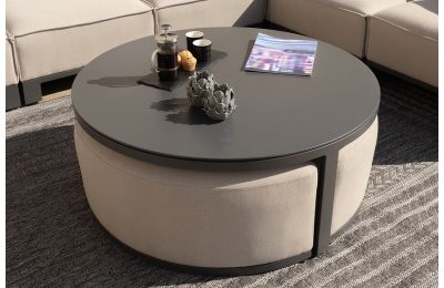 Maze  Outdoor Fabric Round Coffee Table with 3 Footstools - Oatmeal