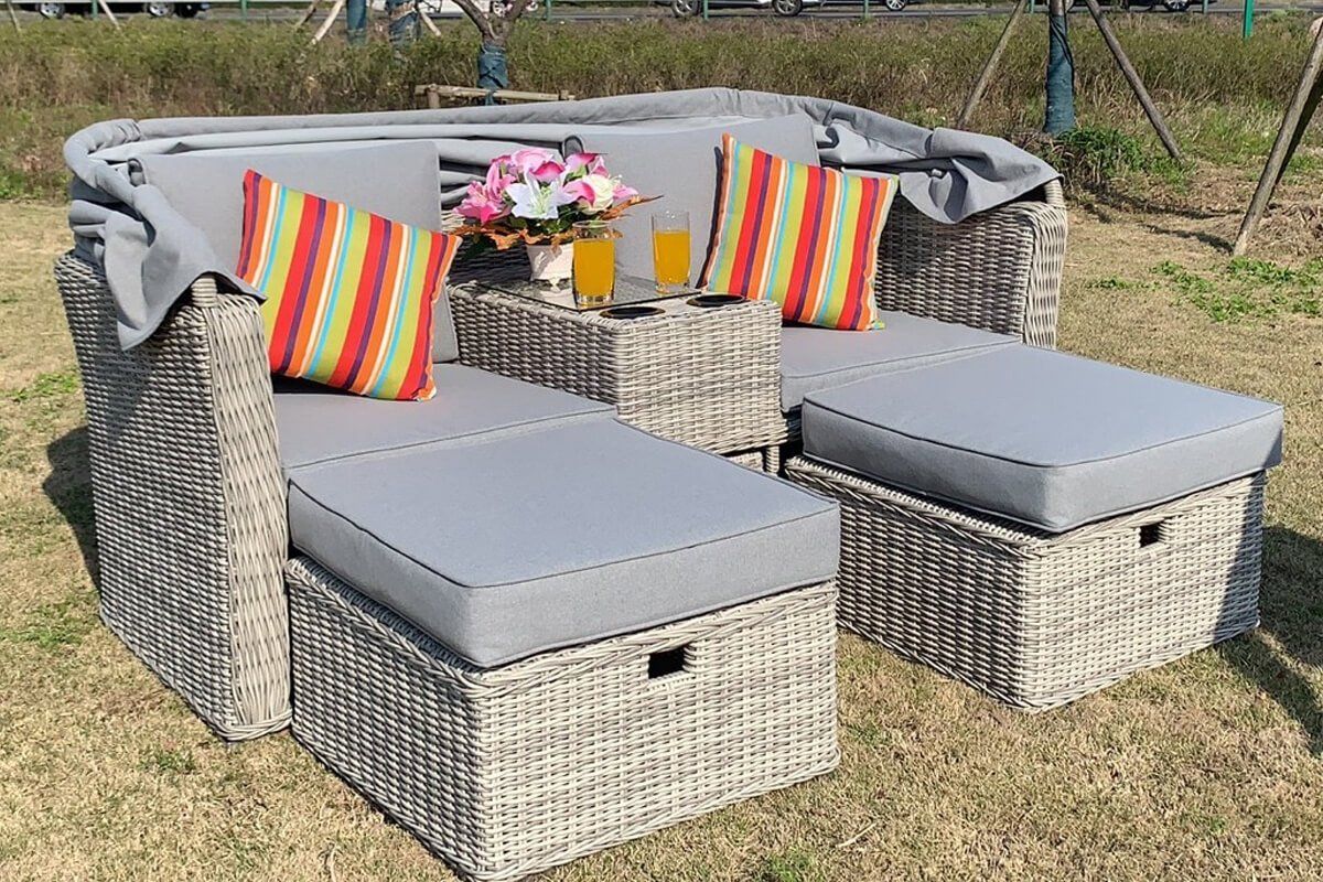 Rattan garden furniture shop with canopy