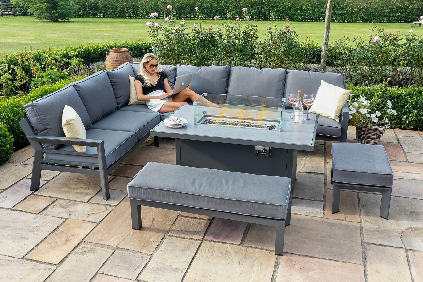 Maze New York Corner Dining Set With Firepit Rattan Furniture Fairy