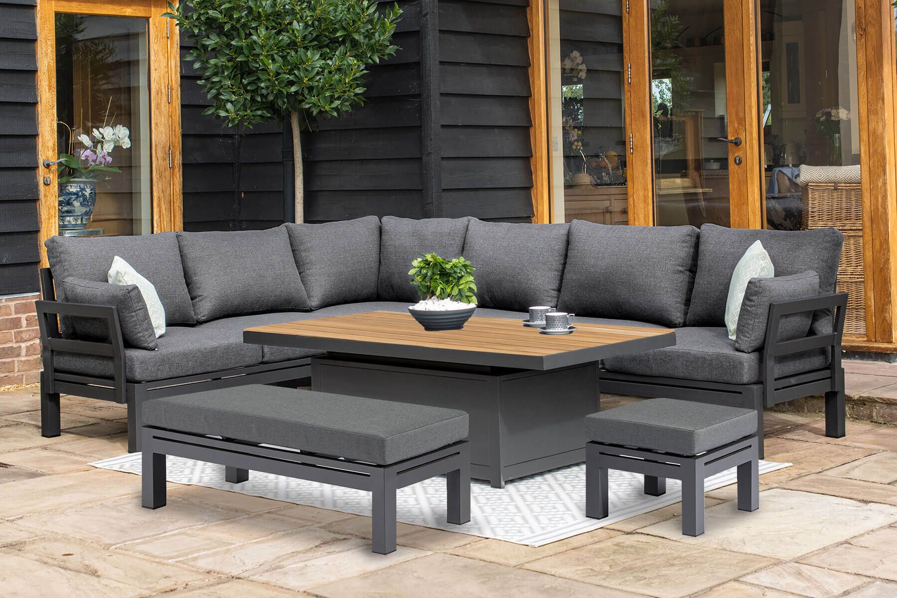 Maze Rattan Oslo Outdoor Corner Sofa Group with Teak Top Rising Table