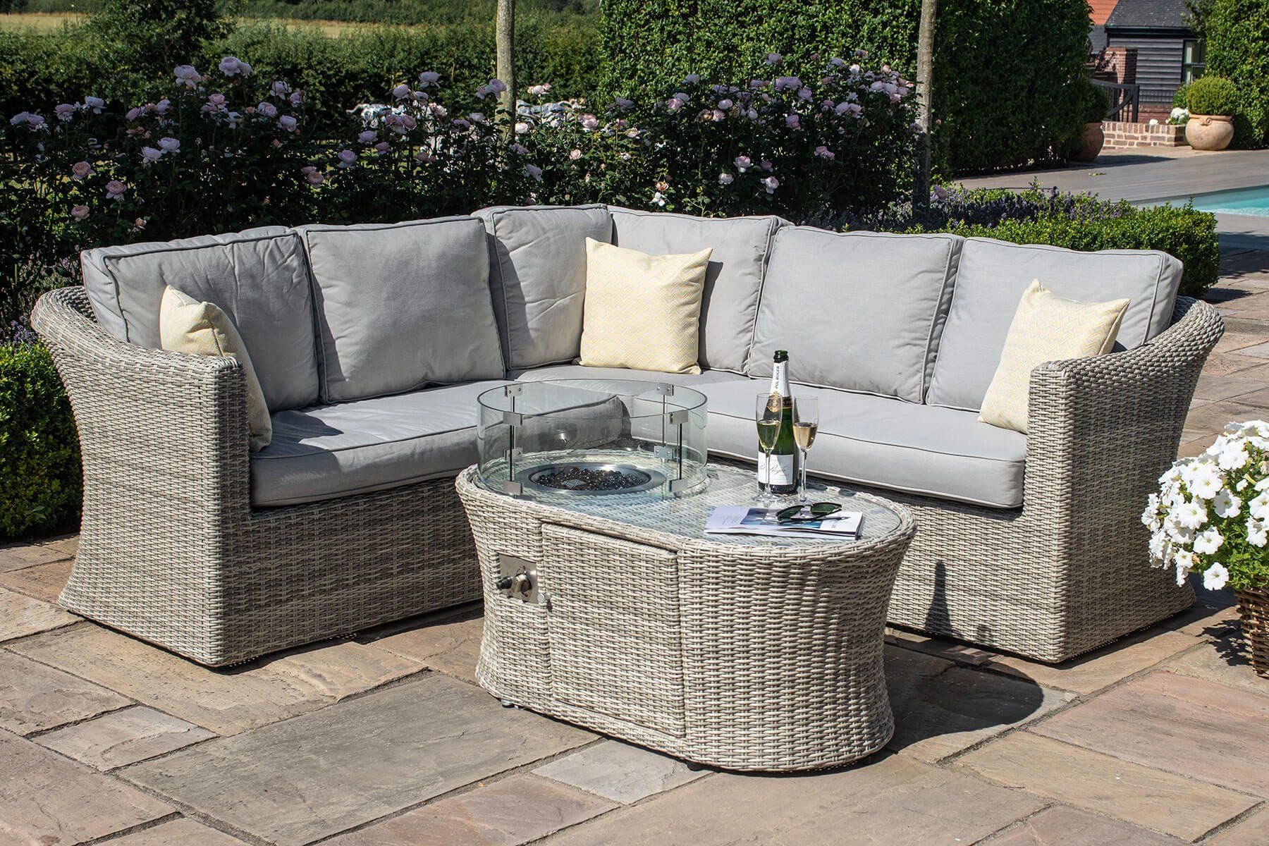 Maze Rattan Oxford Small Corner Dining Set With Fire Pit Coffee Table