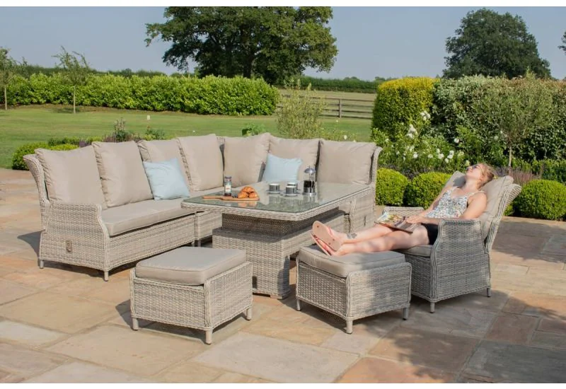 Maze Rattan Cotswolds Reclining Corner Sofa Dining Set With Rising Table Armchair