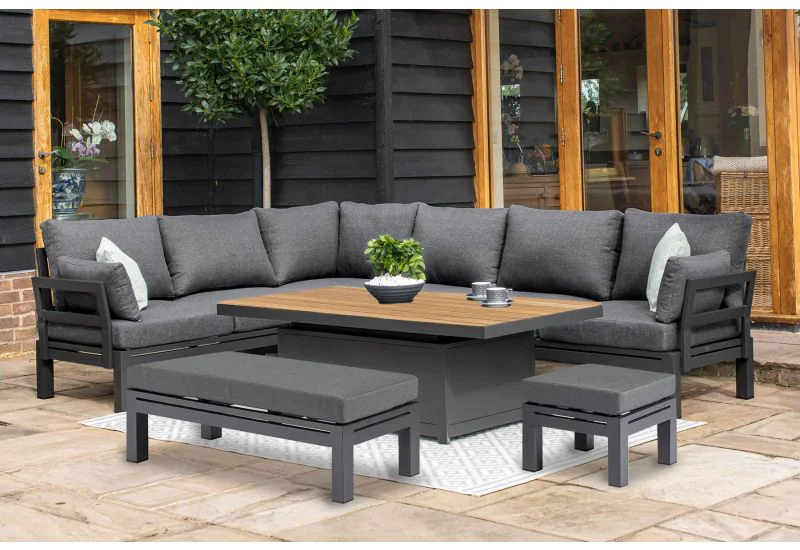 Maze Rattan Oslo Outdoor Corner Sofa Group with Teak Top Rising Table
