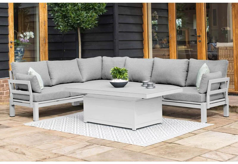 Maze Rattan Oslo Outdoor Fabric Corner Sofa Group With Rising Table White