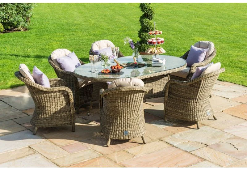 New Maze Rattan Winchester 6 Seat Oval Ice Bucket Dining Set with Heritage Chairs Lazy Susan