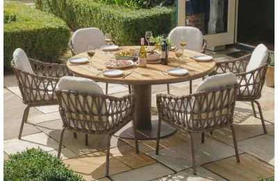 Maze - Sicily Open Rope Weave 6 Seat Round Pedestal Dining Set - Latte