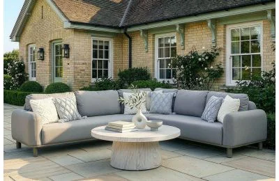 Maze - Outdoor Fabric Sicily Corner Sofa Set with Round Coffee Tables - Café