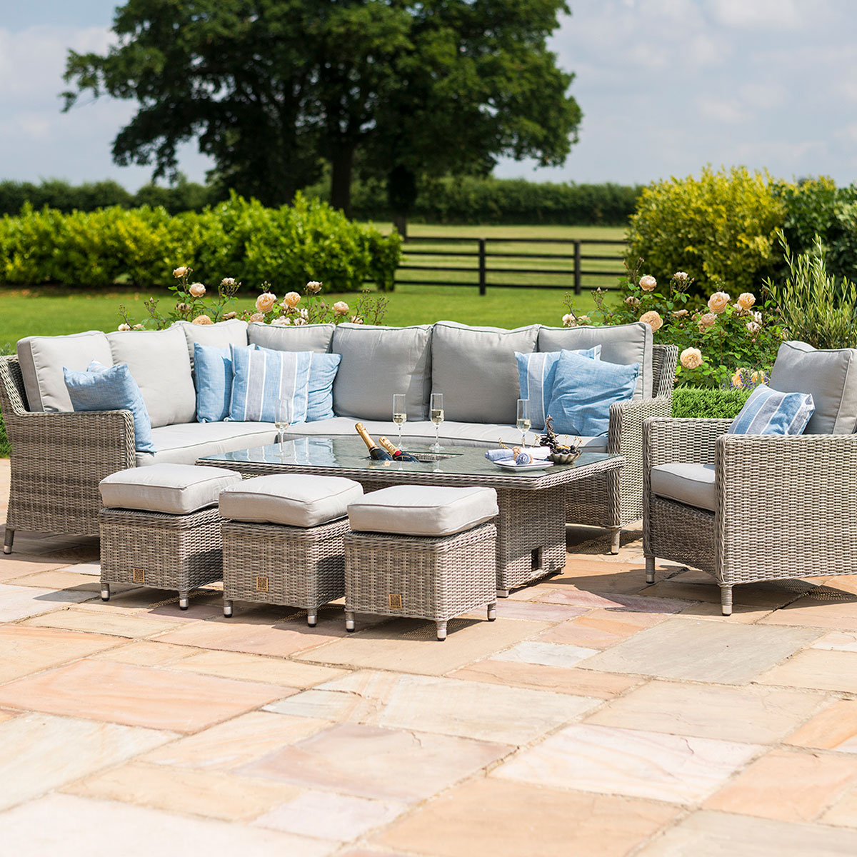 Maze Rattan Oxford Corner Sofa Dining Set With ice bucket and rising table